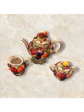 Fitz & Floyd Classics 3-Piece Fruit Embossed Teapot, Sugar Bowl & Creamer Set